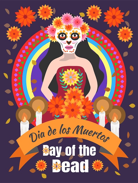Vector dag van de doden dia de los muertos catrina-skelet in rode jurk op paarse achtergrond