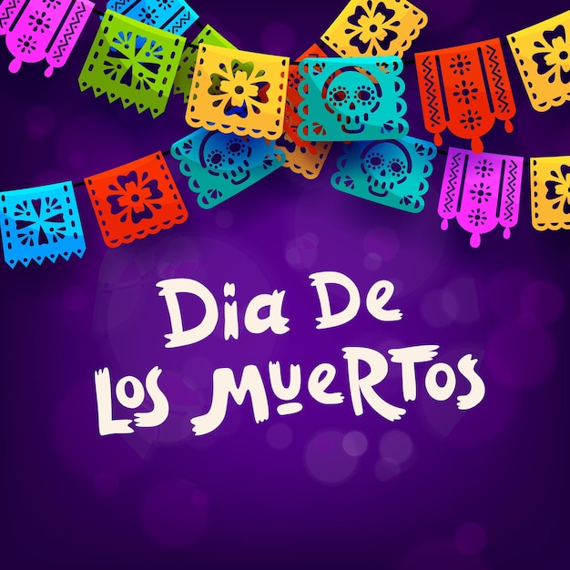 Dag van de doden dia de los muertos Mexicaanse vakantie banner met papier gesneden papel picado vlaggen hangen sierlijk met kleurrijke patronen Vector wenskaart ter ere van overleden dierbaren in Mexico