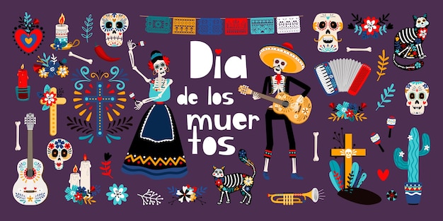 Dag van de doden, Dia de los muertos, platte illustraties set. Suiker Mexicaanse schedels, skeletten in Mexicaanse traditionele kleding. Kat, cactus, kaars geïsoleerd.