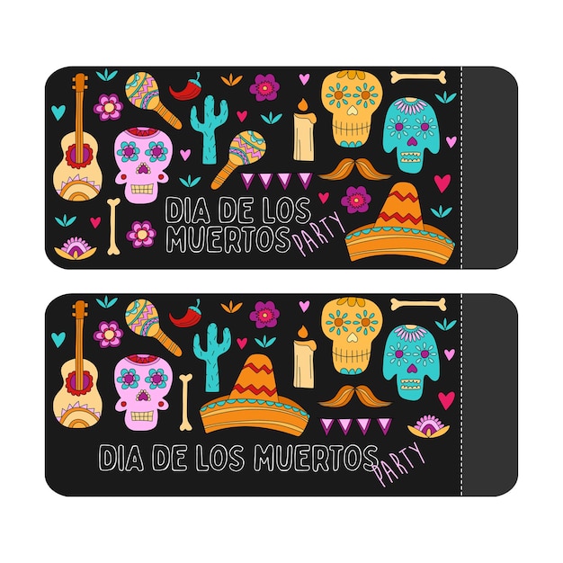 Dag van de doden, Dia de los muertos, spandoek met kleurrijke Mexicaanse elementen. Vakantieposter, feestvliegerset, grappige wenskaart