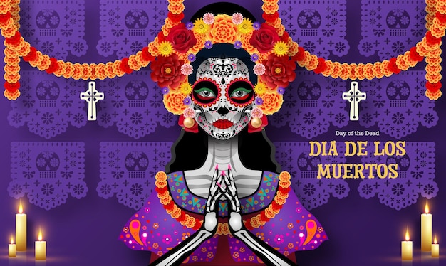 Dag van de doden dia de los muertos suikerschedel met goudsbloembloemen