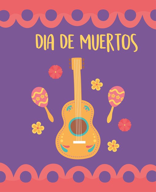 Dag van de doden, Mexicaanse viering gitaar maracas bloemen poster.