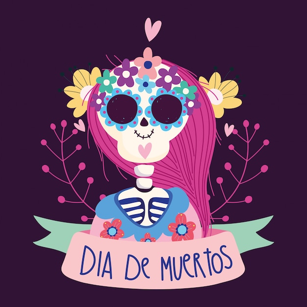 Dag van de doden, vrouw skelet catrina bloemen lint traditionele mexicaanse viering