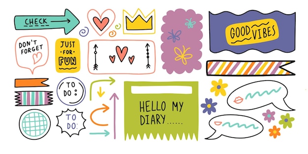 Dagboek opsommingsteken schattig dagboek grenselementen Opmerking pictogram sticker voor school Vectorillustratie