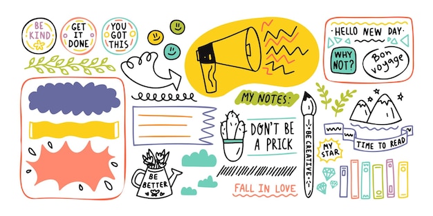 Vector dagboek schattige notitie-elementen. hand getrokken doodles bullet journal banners