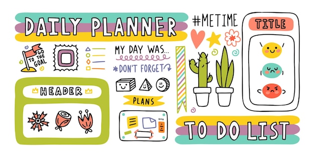 Vector dagboek schattige notitie-elementen. hand getrokken doodles bullet journal banners