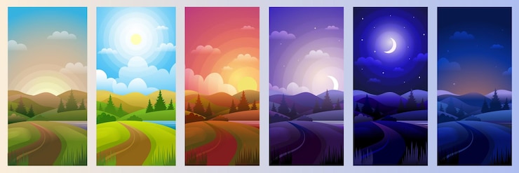 Vector dagdelen landschap in de nacht ochtend middag zonsondergang achtergrond recente vector cartoon sjabloon