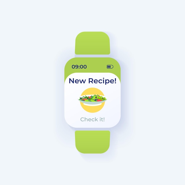 Dagelijks recept smartwatch interface vector sjabloon. ontwerp van de dagmodus voor meldingen van mobiele apps. ontbijt voorbereiding idee bericht scherm. platte gebruikersinterface voor toepassing. vers tussendoortje. slimme horlogeweergave