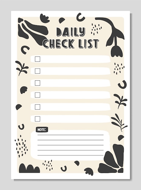 Dagelijkse checklistplanner, notitiepapier, takenlijst versierd met schattige cartoonkrabbelbloemen