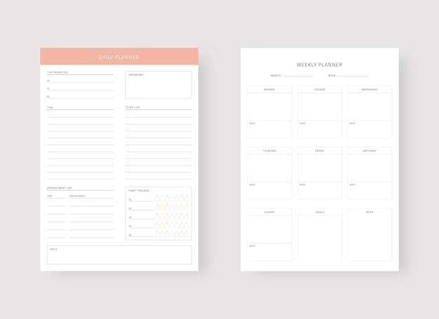 Vector dagelijkse en wekelijkse planner sjabloon. set planner en takenlijst. moderne planner sjabloon set.