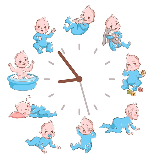 Dagelijkse kinder routine klokken. pasgeboren kinderen plannen concept, schattige cartoon baby poster, baby blond lachende peuter in blauwe kleding in verschillende poses vectorillustratie geïsoleerd op witte achtergrond