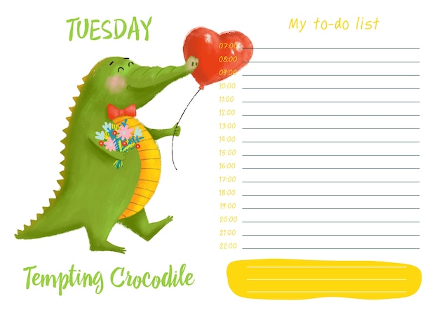 Dagelijkse planner met illustratie van schattige cartoon verleidelijke krokodil. mijn dag-takenlijst op t