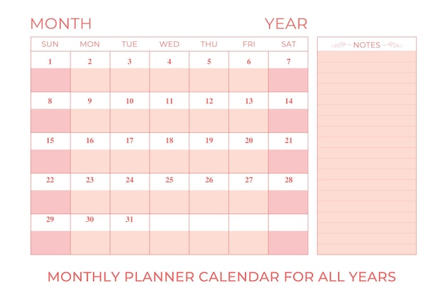 Dagelijkse plannersjabloon met notitiepagina voor alle jaren. Zaterdag en zondag zijn roze gemarkeerd.