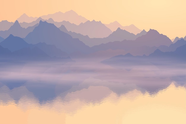 Dageraad op de bergtoppen van het meer, reflectiex9