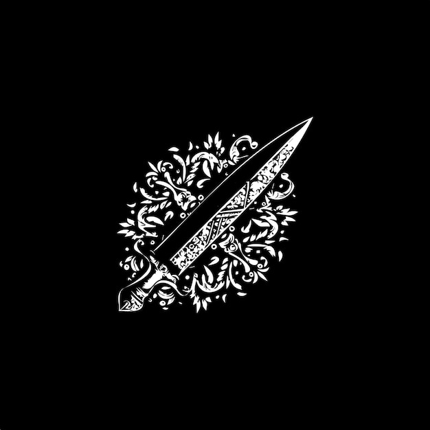 Вектор Кинжал точечная татуировка с точками, затеняющими иллюзию глубины, татуировка, рисующая вручную белую эмблему на черном фоне для боди-арта, минималистичный эскиз, монохромный логотип, векторная иллюстрация