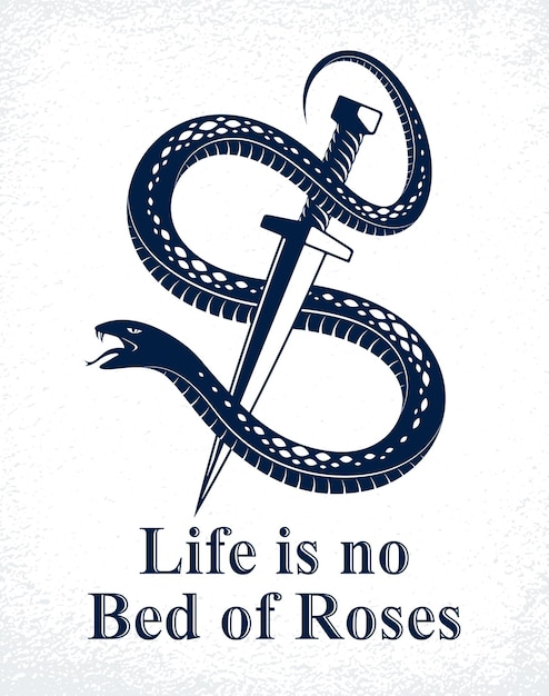 Dagger kills a snake, defeated serpent wraps around a sword vector vintage tattoo, life is a fight concept, allegorical logo or emblem of ancient symbol.