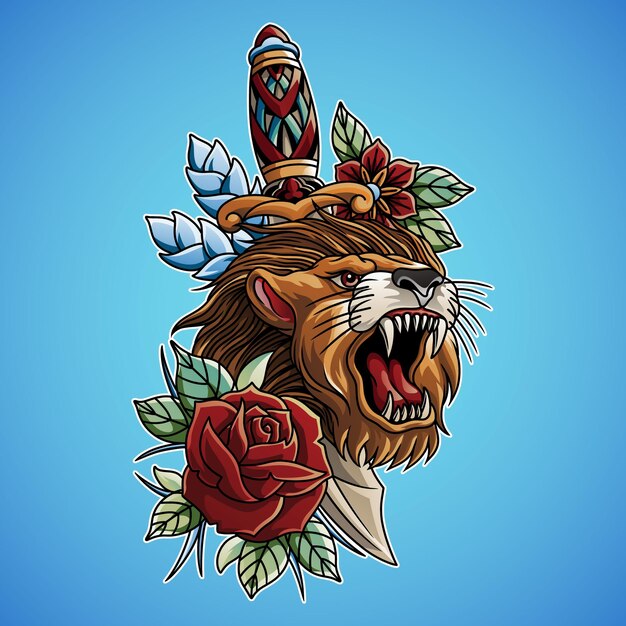 Vector dagger lion  tattoo illustration