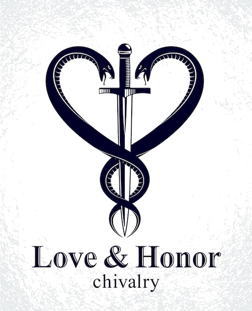 Dagger and two snakes in a shape of heart vector vintage style emblem or logo, chivalry love and honor concept, medieval Victorian style.