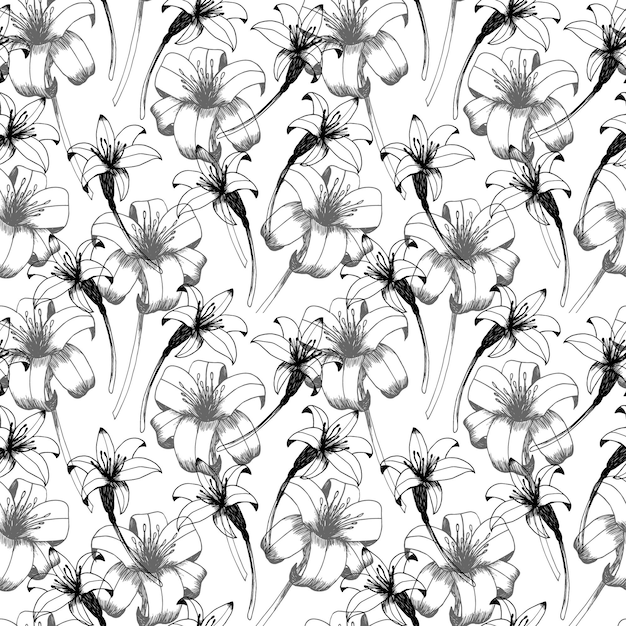 Daglelie vector naadloze patroon Hand getekende bloemen van dag lily op witte achtergrond ontwerp voor bruiloft decor wallpapers gordijnen textiel inpakpapier Retro patroon