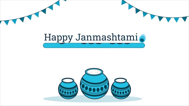 Dahi handi decorated with traditional patterns with bansuri on flat white background Happy Janmashtami vector illustration