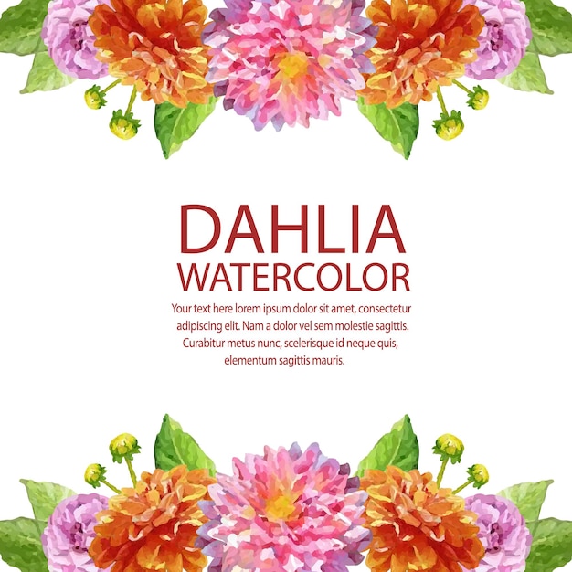 Vector dahlia watercolor card with frame horizontal border