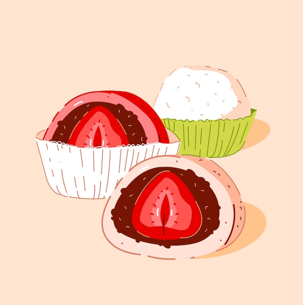 Daifuku, Japanese sweetness, a small rice cake with filling. Asian food. Vector illustration