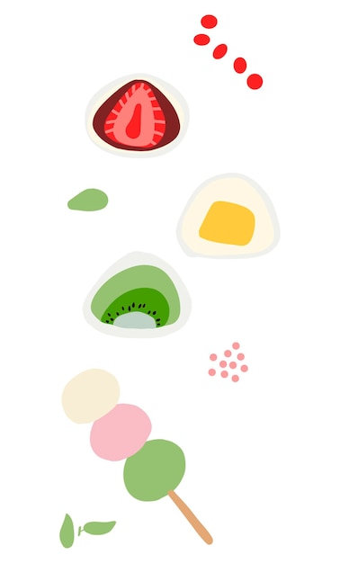 Daifuku mochi Japans zoet lekker eten. Schattige cartoon hand getekende vectorillustratie