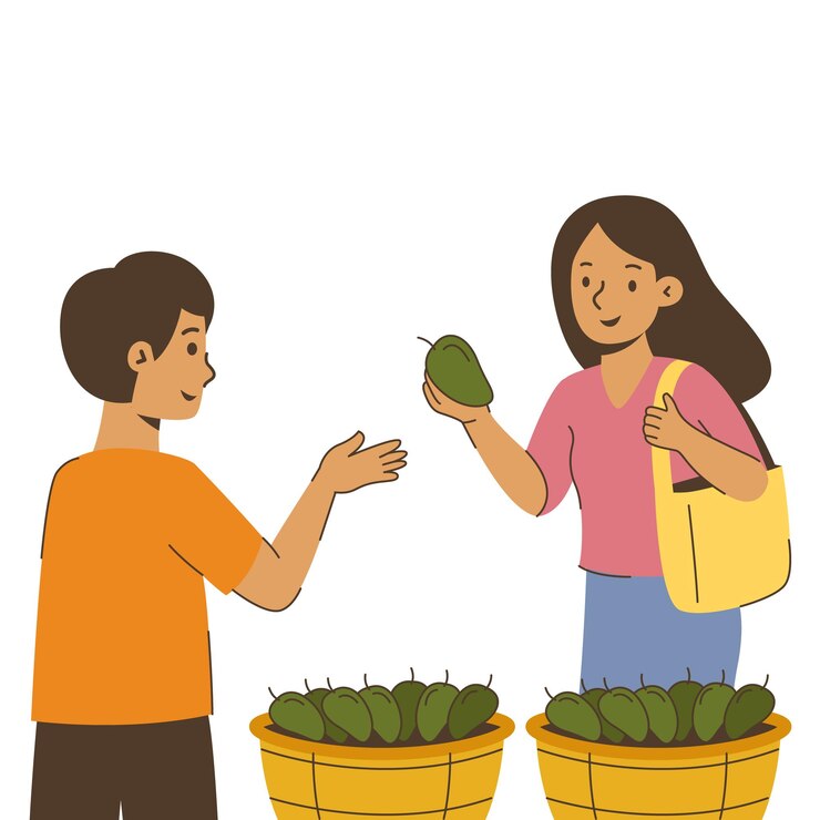 वेक्टर daily activity illustration of a woman buying fruit from a trader at a local market