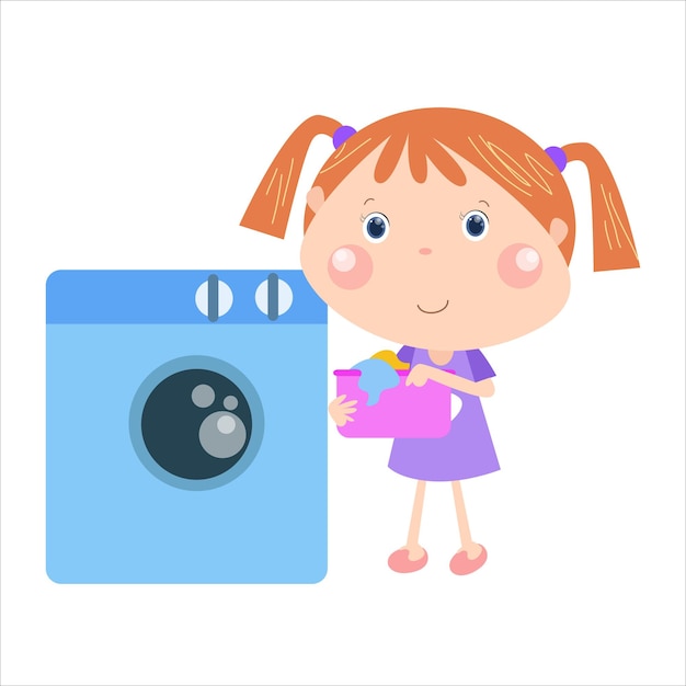 Vector daily activity, little girl washing clothes