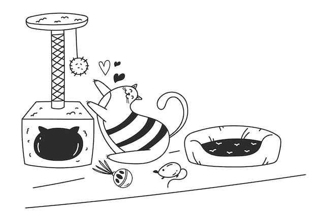 매일 고양이 애완 동물 루틴 라인 아트 개요 추상 개념 그래픽 디자인 일러스트 요소