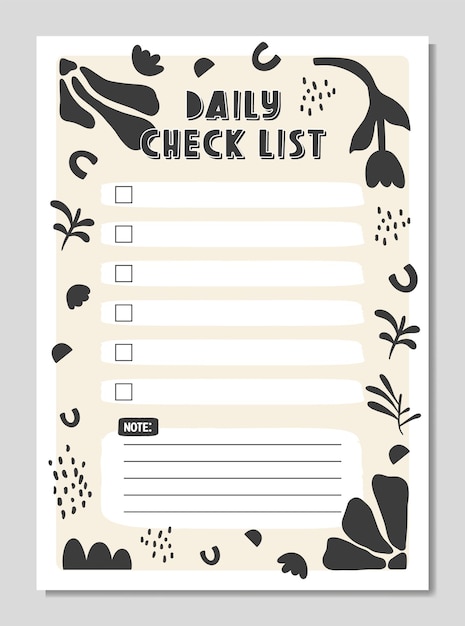Daily check list planner, note paper, to do list decorated with cute cartoon doodle flowers