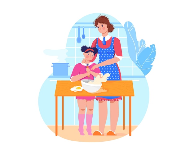 Daily family mom and daughter preparing lunch in kitchen child adds ingredients cartoon vector