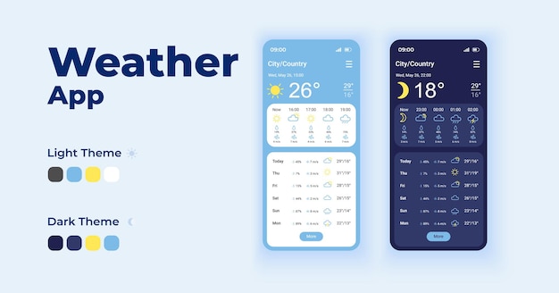 Daily forecasts cartoon smartphone interface templates set. Mobile app screen page night and day mode design.