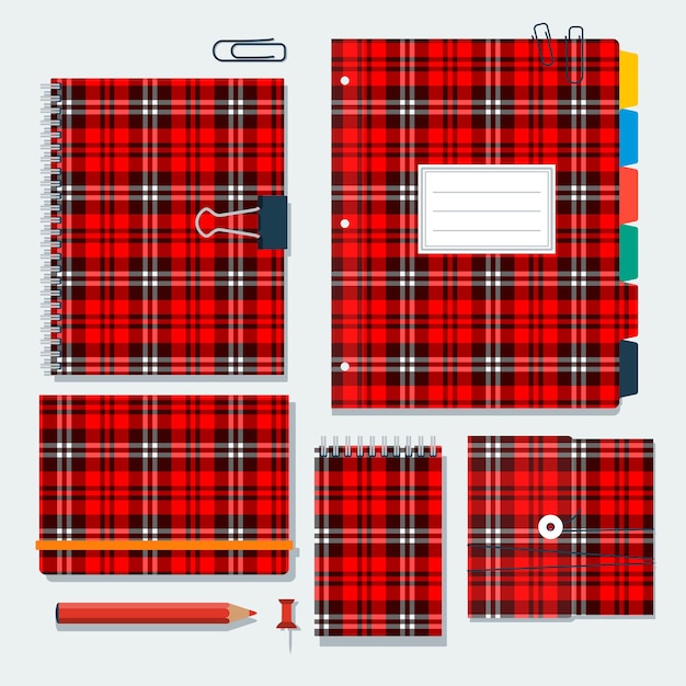 Daily kit notebooks with scottish cells pattern on the covers vector templates