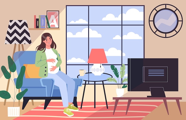 Vector daily life during pregnancy. young woman preparing to be mom. young woman resting at home. baby awaiting. pregnant woman with a big belly.