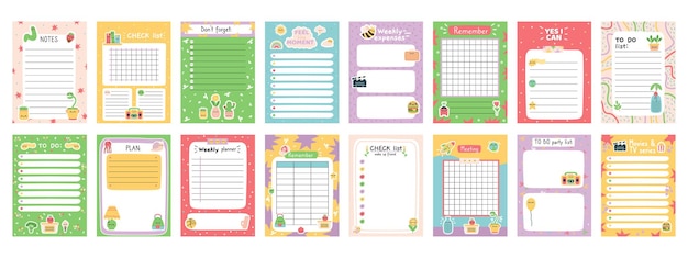 Daily note planners. weekly scheduler, to do list, note paper or organiser sheets with hand drawn stickers vector illustration set. cute doodle daily planner