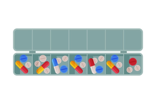 Ежедневный организатор таблеток таблетки и капсулы в пластиковом контейнере плоская векторная иллюстрация на белом фоне