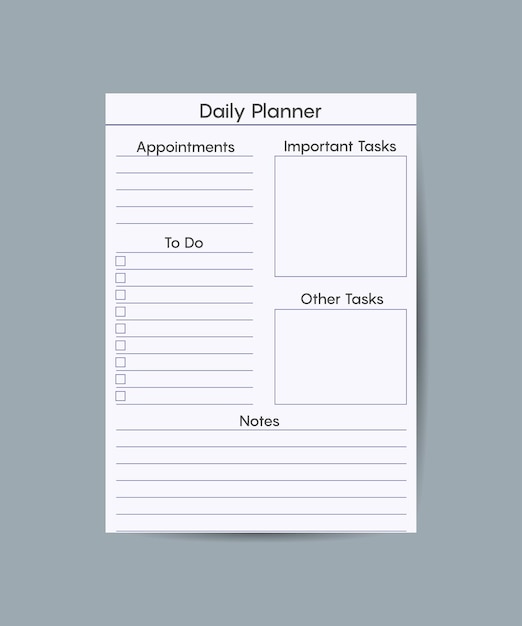 Daily planner printable template Vector Blank white notebook page Letter size Business organizer schedule page for a day for effective planning Paper sheet Vector illustration design