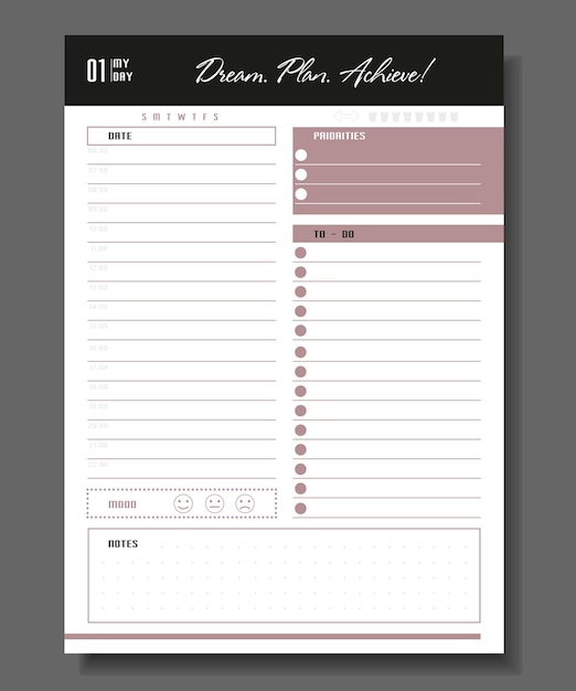 Vector daily planner template. blank notebook page isolated on grey. business organizer page. paper sheet.