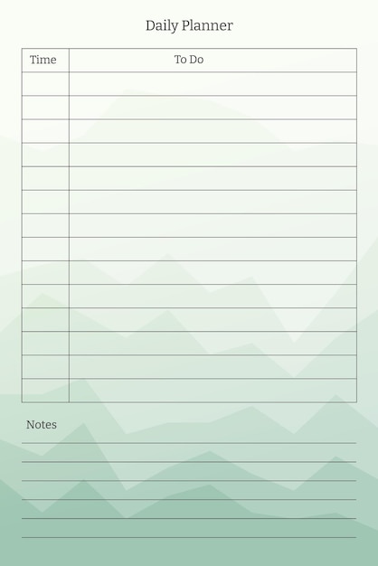 Vector daily planner template to do tasks list and notes with column and row lining design for diary notebook notepad on multicolored sheets with abstract bright background of gradient peaks of mountains