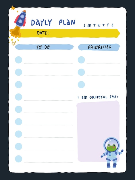 daily planner template with alien frog and rocket