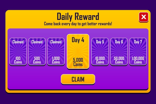 Daily reward for game design daily points coin medal diamonds reward screen design for game