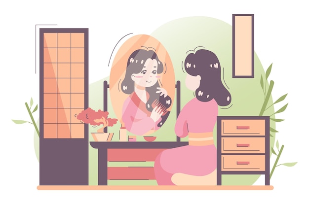 Daily routine of an asian woman Japanese housewife in traditional clothes