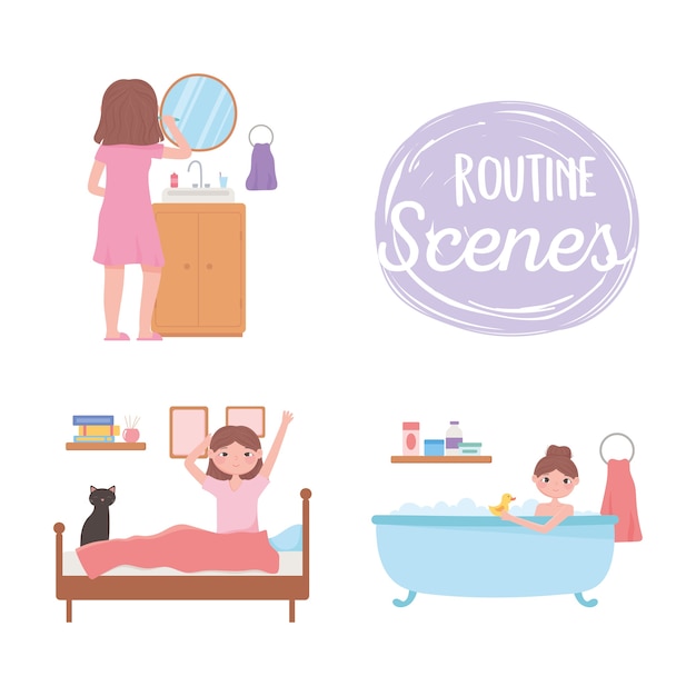 Vector daily routine scene, people making different activities in the morning at home