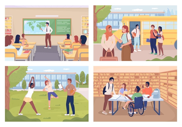 Vector daily routine of school students flat color vector illustration set