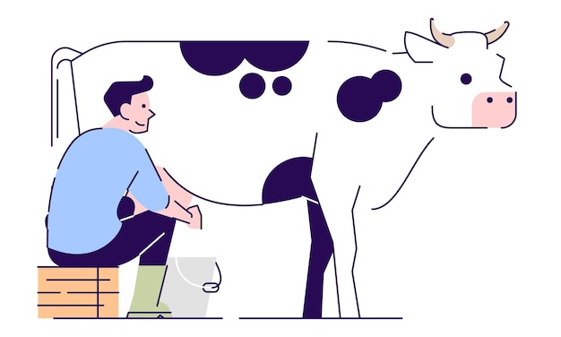 Vector daily routine semi flat rgb color vector illustration. male dairy farmer milking cow isolated cartoon character on white background