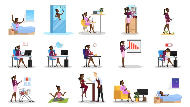 Vector daily routine of a woman set. girl having breakfast