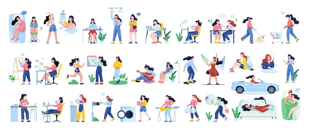 Vector daily routine of a woman set. young woman activities. sport, recreation and entertainment.     