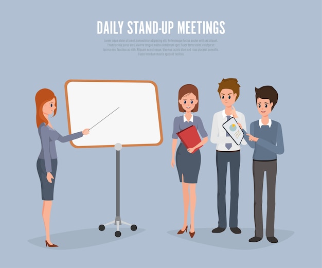 Daily stand up meeting business office worker infographic.