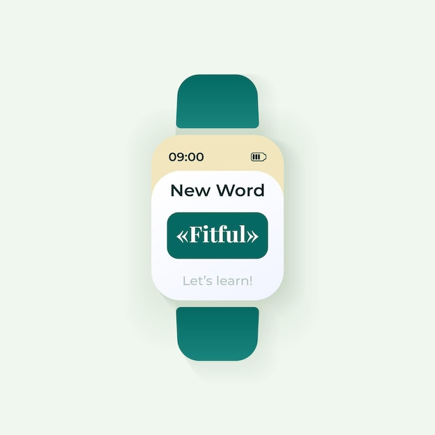 Modello di vettore di interfaccia smartwatch parola quotidiana. design della modalità notturna di notifica dell'app mobile. schermata del messaggio di istruzione. interfaccia utente piatta per l'applicazione. e apprendimento e conoscenza. display dell'orologio intelligente